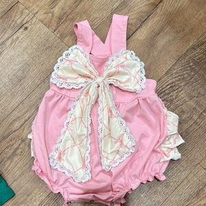 Pink Baby Romper with Cream Bow